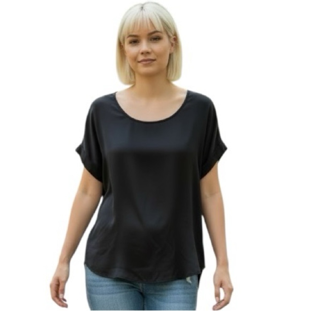 White House Black Market XS Black High Low Open Back Cuffed Short Sleeve Shirt